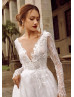 Long Sleeve V Neck Beaded Ivory Eyelash Lace Wedding Dress